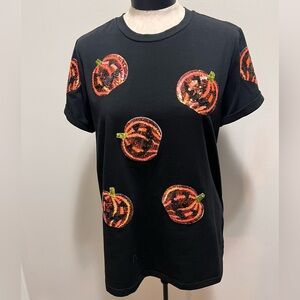 Black T-Shirt with Sequin Pumpkins